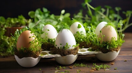 Spring easter table decoration with fresh microgreens growing in eggshells, eco-friendly gardening idea for seasonal festivities and holiday crafts, symbolizing new beginnings and nature's renewal


