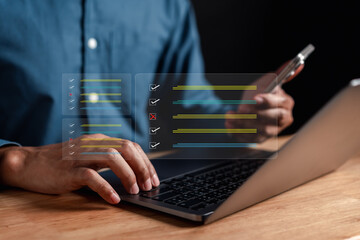 Leinwandbilder - Online survey filling out and digital form checklist by laptop computer, Document Management Checking System, online documentation database and process manage files.