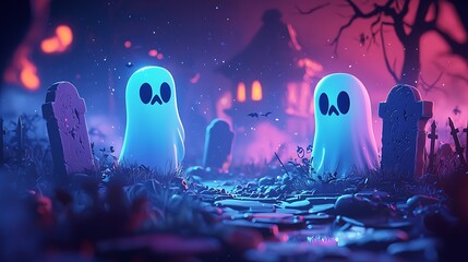 Ghosts haunt a graveyard, illuminated by eerie glowing lights on Halloween night.