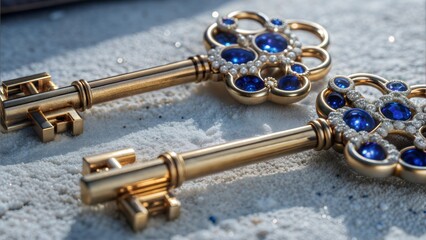 Canvas Print -  a golden key set with sapphires