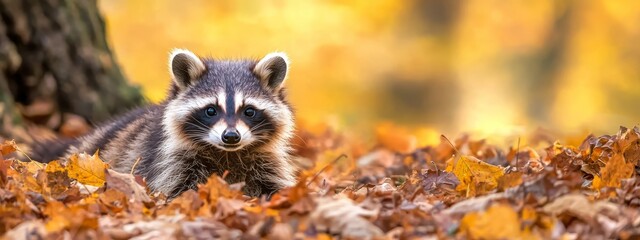 Wall Mural -  A raccoon traverses a tree's leafy foliage against a woodland backdrop featuring a prominent tree