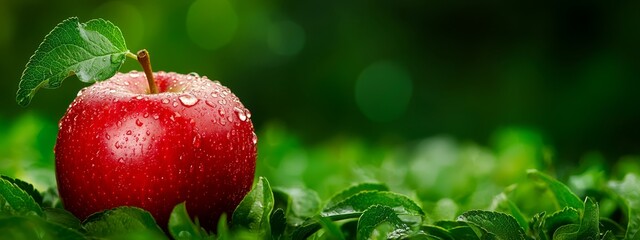 Wall Mural -  A red apple atop a green leaf in a field of waving grass Dew drops glisten on apple and blades