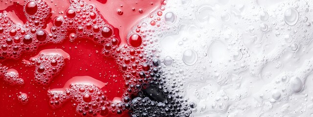 Wall Mural -  A tight shot of a red, white, and black backdrop featuring water droplets on its left side