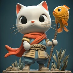 Sticker - Cute Cat Character with Fish Illustration