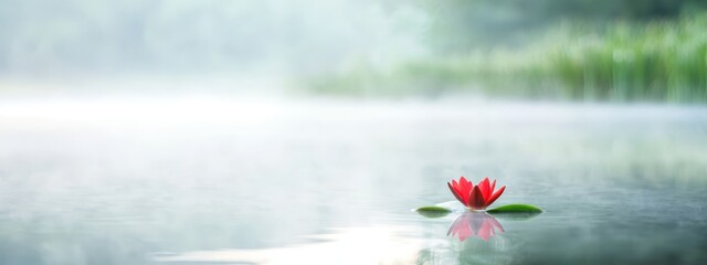 Wall Mural -  A solitary red bloom floats on the water's surface, surrounded by a mist-shrouded forest in the background