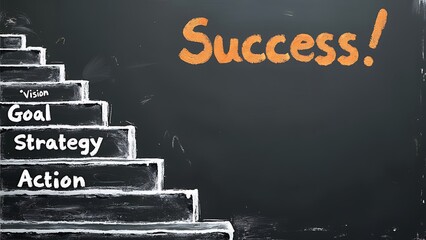 Sticker - Chalkboard with success steps: Vision, Strategy, Goal, Action leading to Success! Conceptual business strategy.