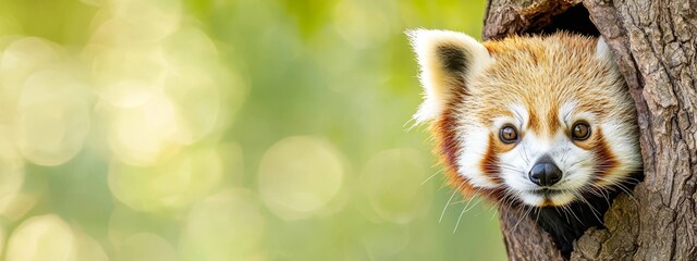 Wall Mural -  A tight shot of a tiny animal emerging from a tree hole, background softly blurred