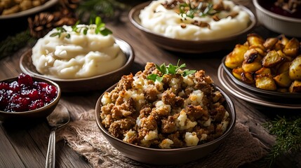 Wall Mural - Close-up of a bowl of stuffing with mashed potatoes, cranberry sauce, and roasted potatoes on a wooden table.