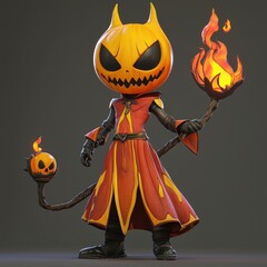 Wall Mural - Pumpkin Wizard with Flaming Staff