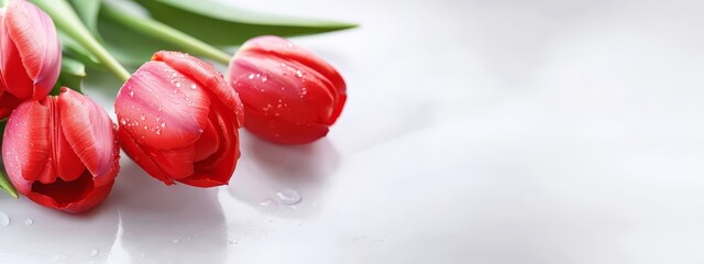 Wall Mural -  A red tulip arrangement on a white background, featuring wet petals and verdant leaves