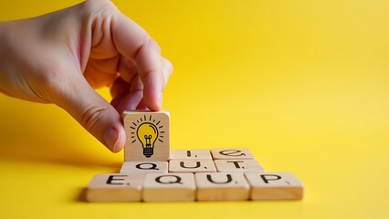 A hand aligns two wooden blocks with a lightbulb drawing on them against a vibrant yellow background. This image symbolizes creativity, innovation