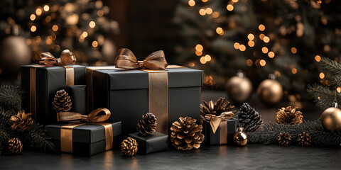 Christmas gift boxes wrapped in black paper and golden ribbons are placed under a christmas tree with warm lights creating a festive ambiance