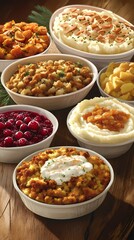 Wall Mural - Close up of six different Thanksgiving side dishes on a wooden table.