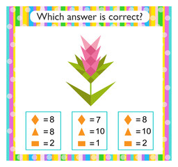 Wall Mural - Math activity for kids. Find the correct answer. Cartoon pink flower.