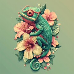 Poster - Chameleon in a Garden of Flowers