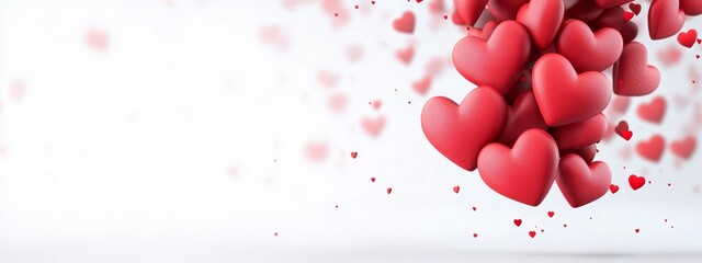 Poster -  Red hearts hovering above a white background, numerous hearts drifting in the air