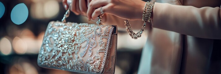 Hands elegantly hold exquisite jewelry and a decorative handbag, highlighting the allure of luxury fashion in a softly lit environment with a bokeh effect