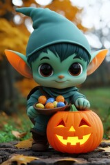 Poster - Cute Green Elf Holding a Jack-o'-Lantern Filled with Candy