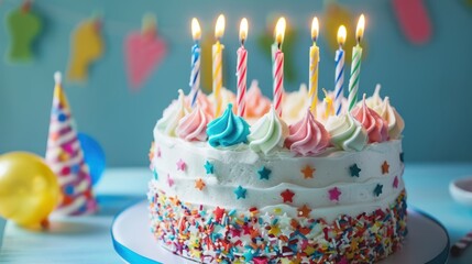 a colorful birthday cake with candles lit, ready for a festive celebration.