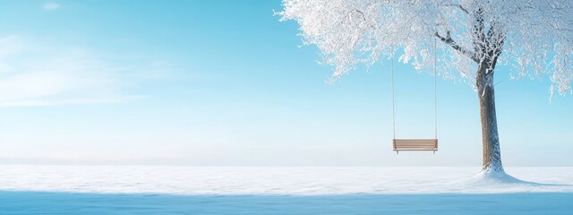 Poster -  A tree with a swinging bench suspended from its branches in a snowy landscape beneath a blue sky