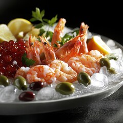 Wall Mural - Fresh Seafood Platter with Shrimp, Caviar, and Olives. Generative AI.