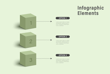 Wall Mural - Infographic template and 3 options or steps. 3d green cubes. Workflow layout, diagram, banner, webdesign. Vector illustration