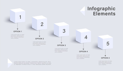 Wall Mural - Infographic template and 5 options or steps. 3d white cubes. Workflow layout, diagram, banner, webdesign. Vector illustration