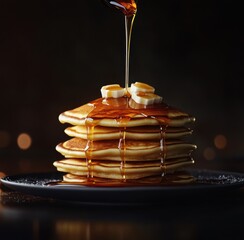 pancakes with honey on a dark background