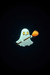 Poster - Cute Ghost Holding a Broom on a Black Background