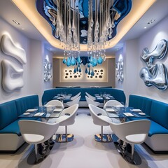 Avant-Garde Restaurant with Sculptural Elements, Futuristic avant-garde restaurant featuring bold, sculptural furniture with fluid, organic shapes