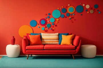 Lively area with red sofa, bright cushions, and modern wall decor 