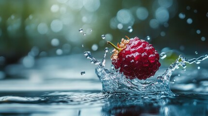 Dynamic Red Raspberry Splash in Refreshing Water