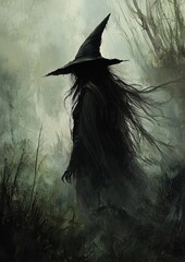 a dark fantasy painting of a creepy witch with long black hair and a pointy hat