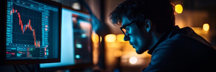 Wall Mural - An analyst works late into the night, surrounded by glowing computer screens displaying data and graphs, immersed in analysis amid a dark, dramatic atmosphere