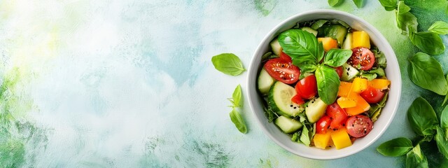 Wall Mural -  A white bowl overflowing with various veggies sits atop a blue-green table, near a vibrant, leafy green wall