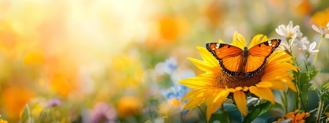 Wall Mural -  A butterfly atop a sunflower, amidst a field of sunflowers and daisies