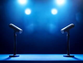 Two microphones on a stage under dramatic blue lighting, ready for a performance or event.