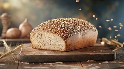 Artisan Rye: Rustic Charm and Flavor - A freshly baked loaf of rye bread takes center stage, its crust dusted with seeds, on a rustic wooden board. Warm lighting and scattered grains evoke the aroma a