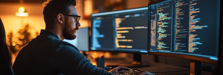 Wall Mural - A programmer focuses on multiple screens filled with code and data visualizations, illuminated by warm tones in a cozy workspace during the evening