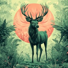 Canvas Print - Majestic Deer in a Lush Forest Setting with a Vibrant Sunset