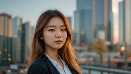 Wall Mural - Long-haired woman projects confidence with city view in background