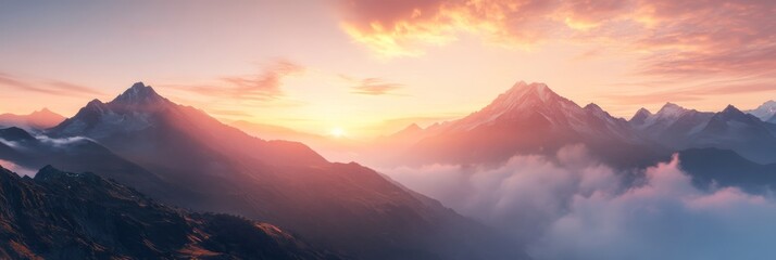 Wall Mural - A breathtaking view captures a mountain range at sunrise. Soft clouds blanket the valleys while the early light casts a warm glow on the peaks, creating a serene atmosphere