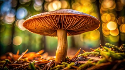 Macro shot of a single brown mushroom cap, gills visible, warm sidelight, soft shadows, detailed textures, sense of wonder and discovery, a realistic photo image.