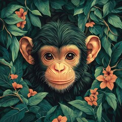 Poster - Curious Chimpanzee Peeking Through Lush Foliage