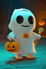 Wall Mural - Cute Ghost Holding a Pumpkin for Halloween