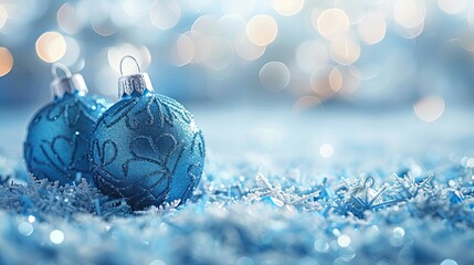 Blue Christmas Ornaments with Bokeh Lights and Snow