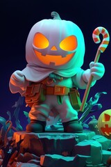 Sticker - 3D Render of a Pumpkin Character Holding a Candy Cane Staff