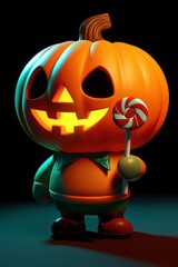 Poster - Cute Cartoon Pumpkin Holding Candy Cane for Halloween