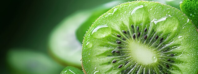 Wall Mural -  A tight shot of kiwi fruit slice, droplets of water cling to its surface, backdrop features a verdant kiwi leaf