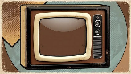 Wall Mural - Vintage-inspired pop art frame resembling a 1950s TV, with rounded edges, black borders, and a distressed brown and cream color scheme. Includes a subtle halftone background for a nostalgic touch.